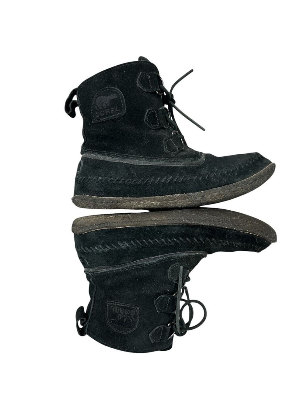 SOREL Joplin stitch black suede moccasin lace up ankle boot 6.5